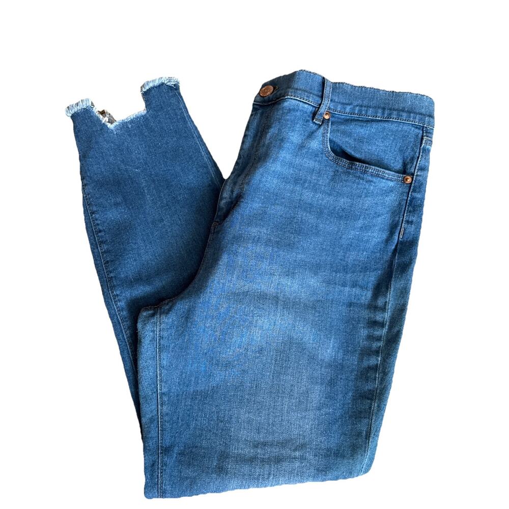 Loft Women's SZ 16 Blue High Rise Skinny Ankle Jeans Button Fly Frayed Hem CUTE!